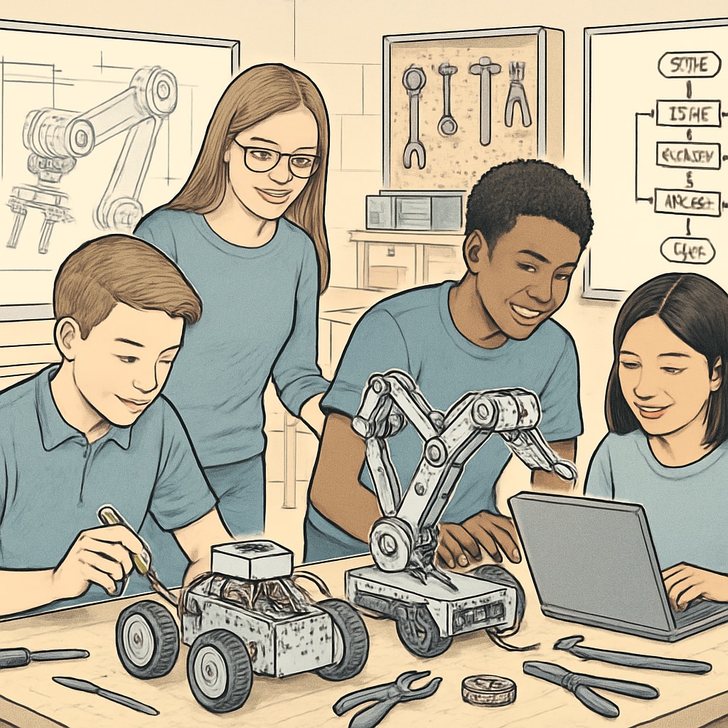 STEM lab with students working on robotics projects and programming applications.