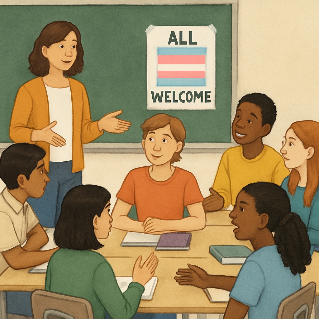 A classroom with diverse students engaging in discussion, symbolizing inclusivity. This image highlights the importance of creating welcoming environments for transgender students. Classroom promoting inclusivity for transgender students.
