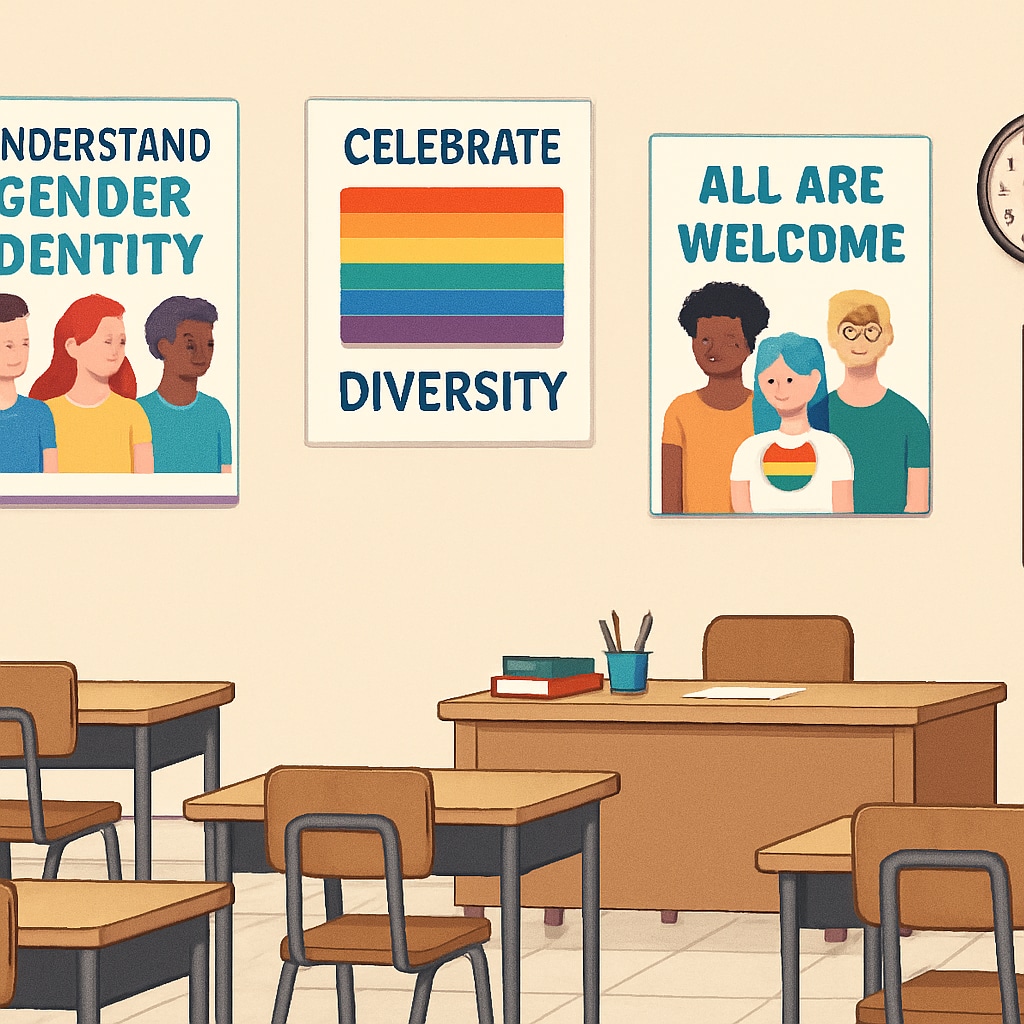 A classroom environment where inclusivity posters focusing on gender identity are displayed. The image emphasizes the need for supportive educational spaces. Inclusivity posters in a classroom related to gender identity.
