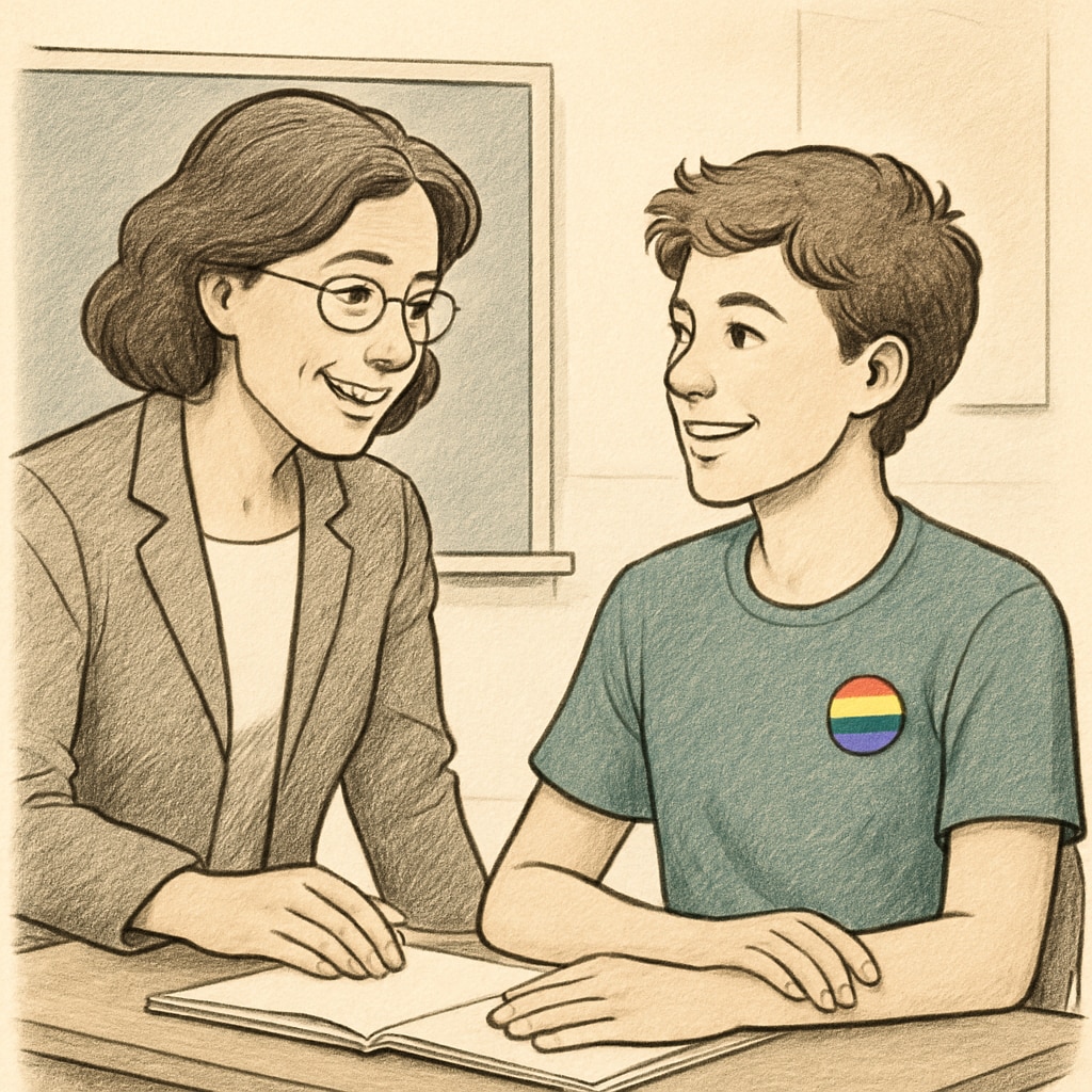 A teacher interacting with a student wearing a rainbow pin, symbolizing support for LGBTQ+ rights. This image reflects the role of educators in fostering acceptance. Teacher supporting LGBTQ+ rights in a school setting.