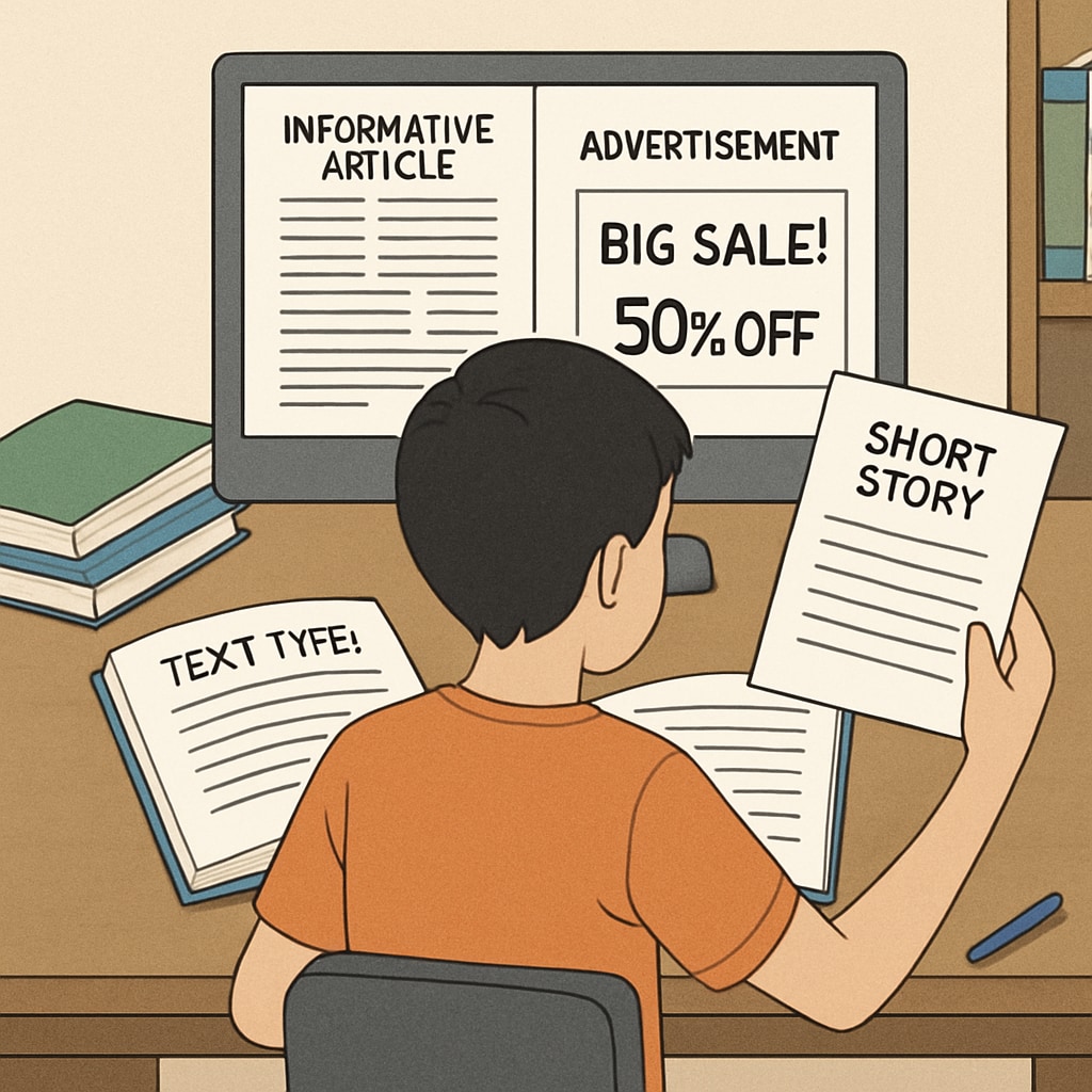 A visual representation of a student analyzing different types of text, such as informative articles, advertisements, and short stories. Student analyzing informative, persuasive, and entertaining texts in functional English reading tests.