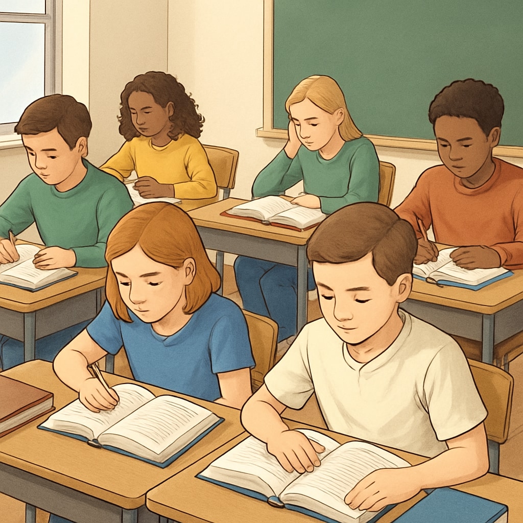 A classroom with students focusing on their studies, with no visible phones. This image supports the discussion on improved focus due to phone bans. Students concentrating on lessons in a phone-free classroom.