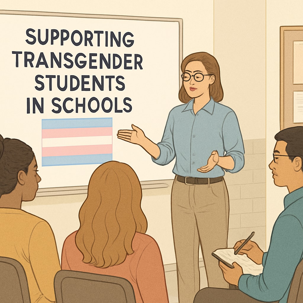 A teacher conducting a workshop for educators on supporting transgender students in schools. The image highlights the importance of educator training. Teacher leading a workshop on transgender student support.