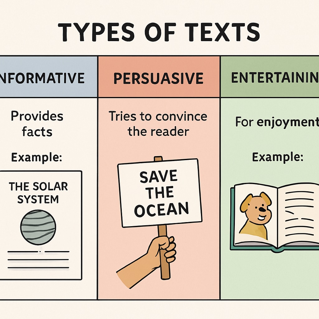 A diagram showcasing the characteristics of informative, persuasive, and entertaining texts with examples. Diagram explaining text purposes—informative, persuasive, and entertaining—in functional English reading.