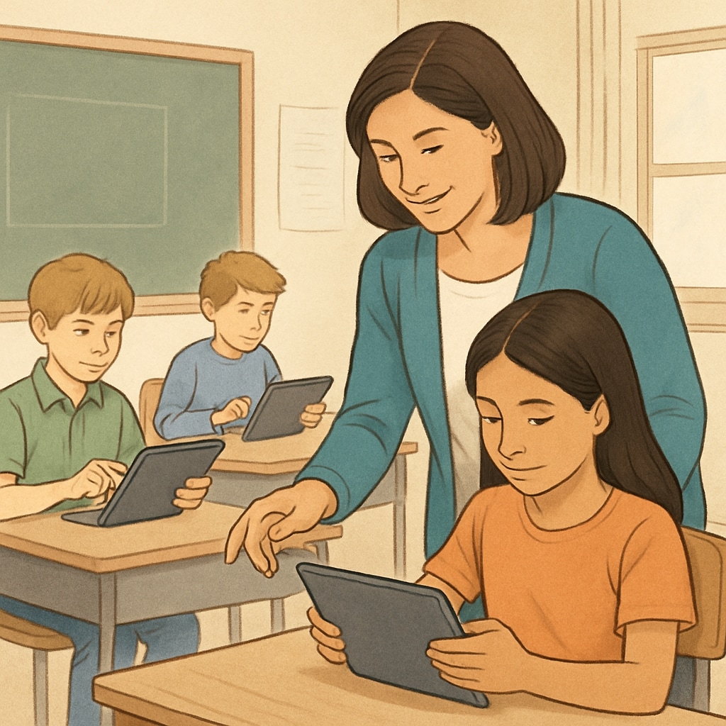 A teacher guiding students using tablets or controlled technology in a classroom. This image illustrates alternatives to outright bans, emphasizing technology integration. Teacher and students using educational devices responsibly in class.