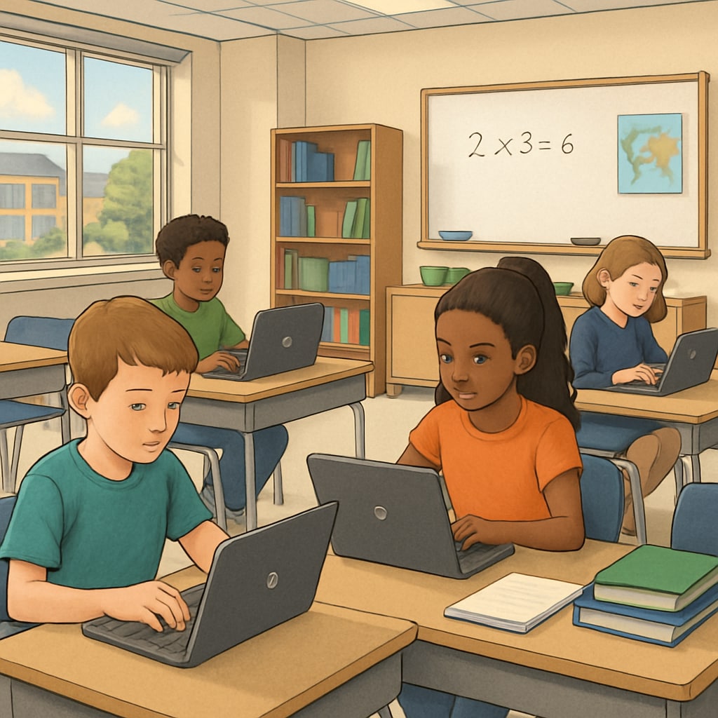A modern classroom where students use Chromebooks for learning activities. Students using Chromebooks in a classroom, representing education technology.