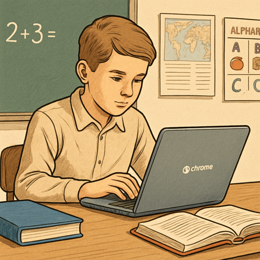A student using a Chromebook in a classroom setting, emphasizing the seamless integration of technology in modern education. A student working on a Chromebook in class, representing education technology efficiency.