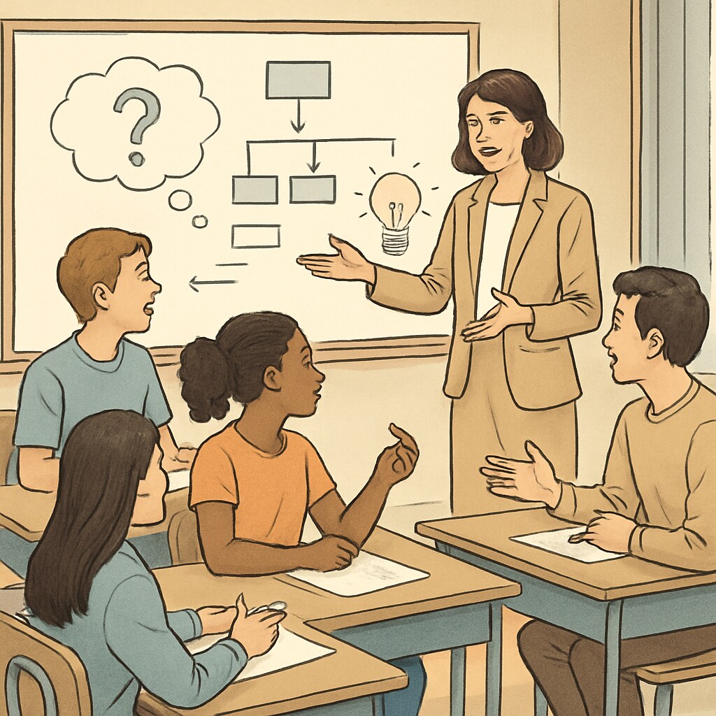 A teacher guiding students in a critical thinking exercise, with minimal reliance on technology. A teacher and students engaging in a critical thinking activity without heavy technology use.
