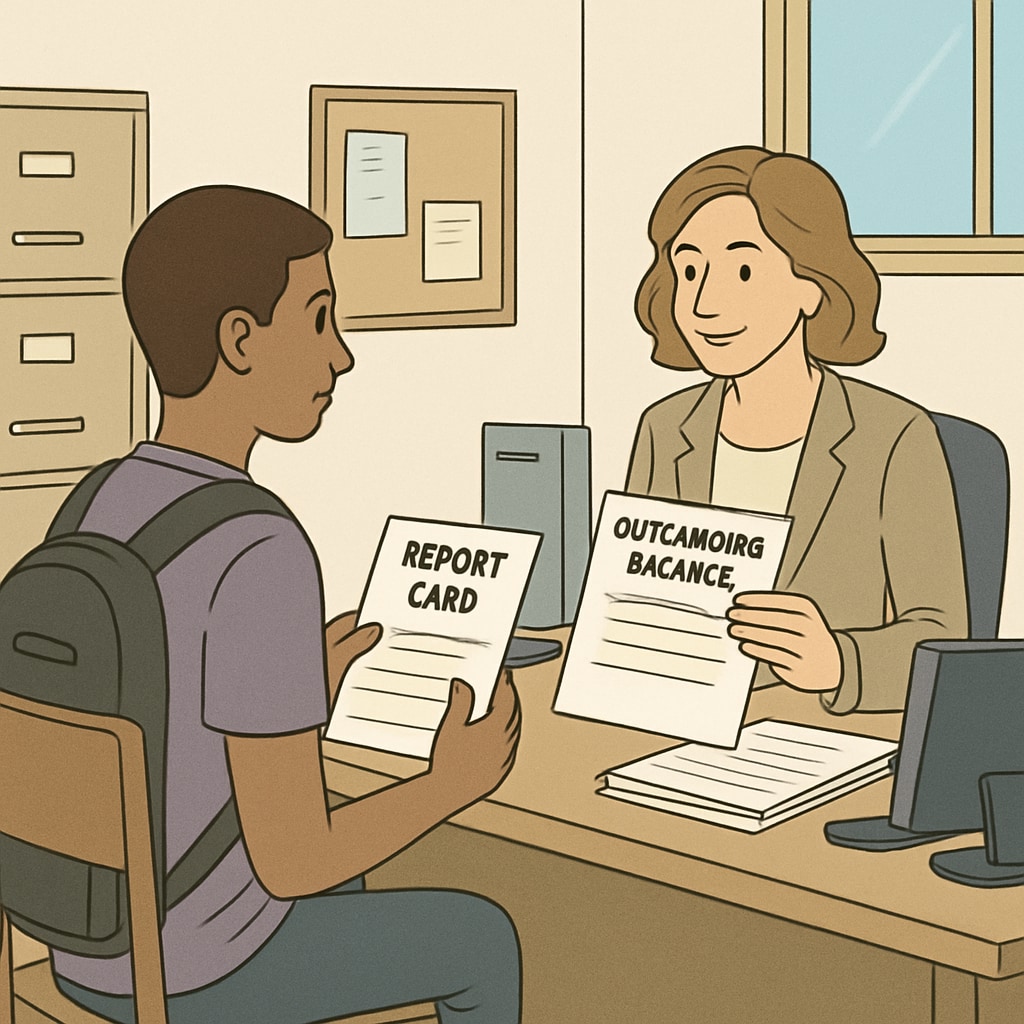 A student in a school office speaking to an administrator about their report card, illustrating the challenge of outstanding balances. Student discussing report card access with a school administrator, highlighting financial challenges.