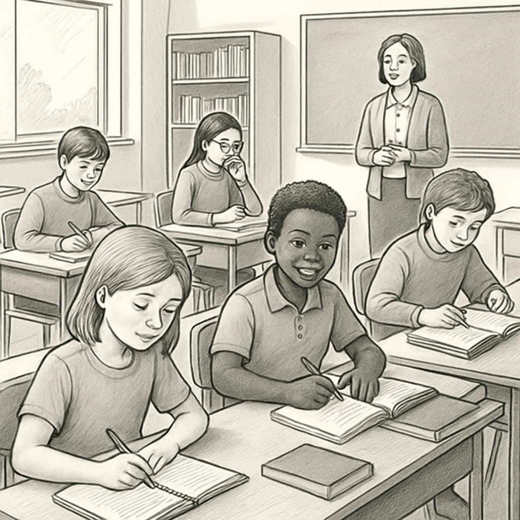 A classroom setting where students are working without phones, emphasizing focus and learning. Students concentrating in a classroom without mobile phones, illustrating focus and engagement.