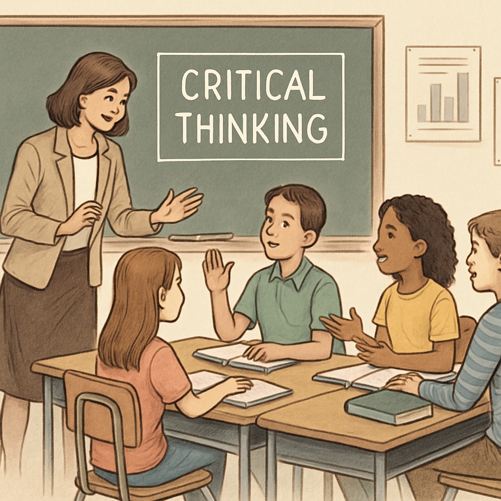 A teacher engaging students in a critical thinking exercise, demonstrating the importance of face-to-face interaction in learning. A teacher guiding students through a critical thinking activity in class.