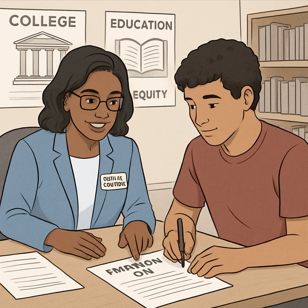 A school counselor assisting a student with financial aid paperwork, demonstrating support systems for equitable access. School counselor helping a student with financial aid to address outstanding balances.