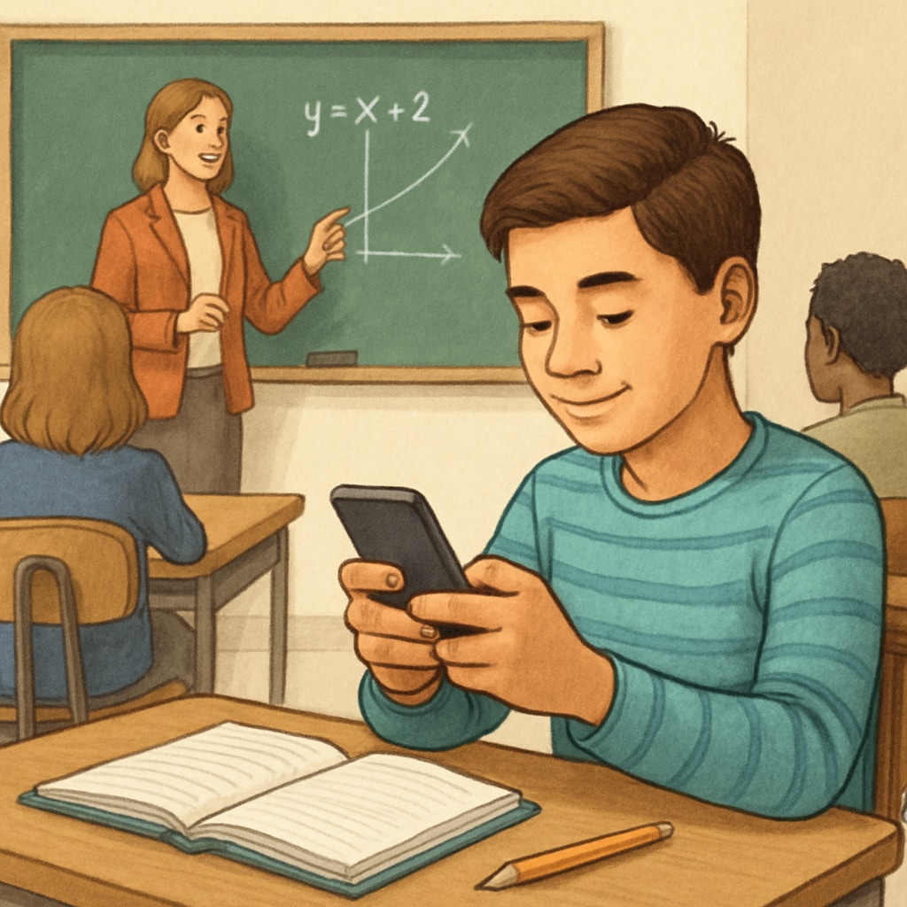 A student using a mobile device responsibly during a lesson, illustrating constructive phone usage in education. A student utilizing a mobile device for educational purposes during class.