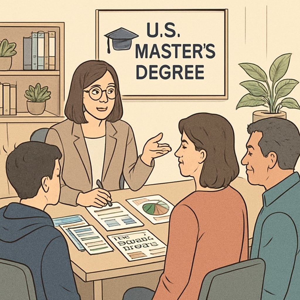 A professional academic advisor discussing U.S. Master's degree options with parents and students during a consultation. The setting should include a desk with brochures and charts. Academic advisor guides students on U.S. Master's degree options.