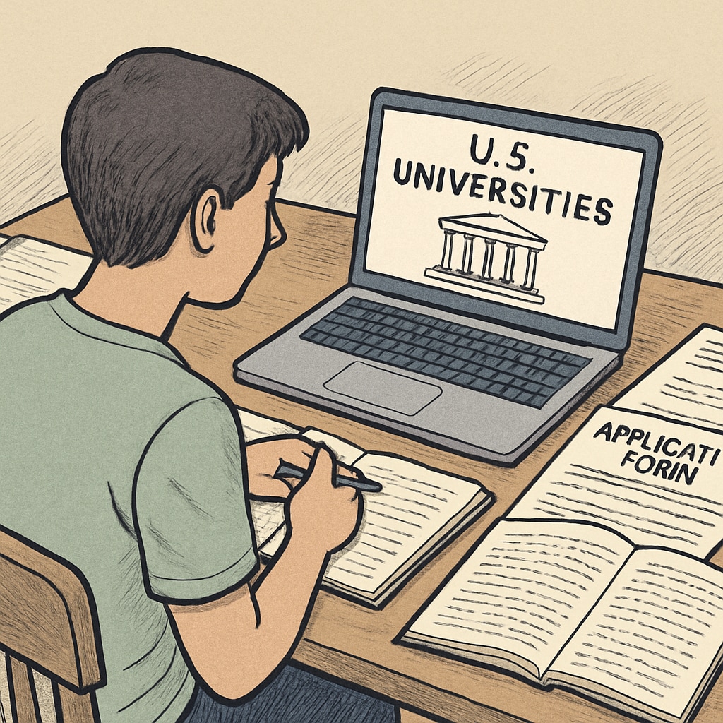 A student sitting at a desk surrounded by application materials, researching U.S. universities online. The image should include a laptop, notebooks, and printed documents. Student researching U.S. universities for Master's applications.