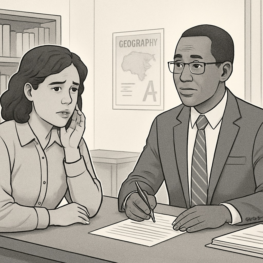 A concerned parent discussing financial hardship with a school administrator in a professional setting, emphasizing dialogue and resolution. Parent discussing unpaid school fees and academic records with an administrator.