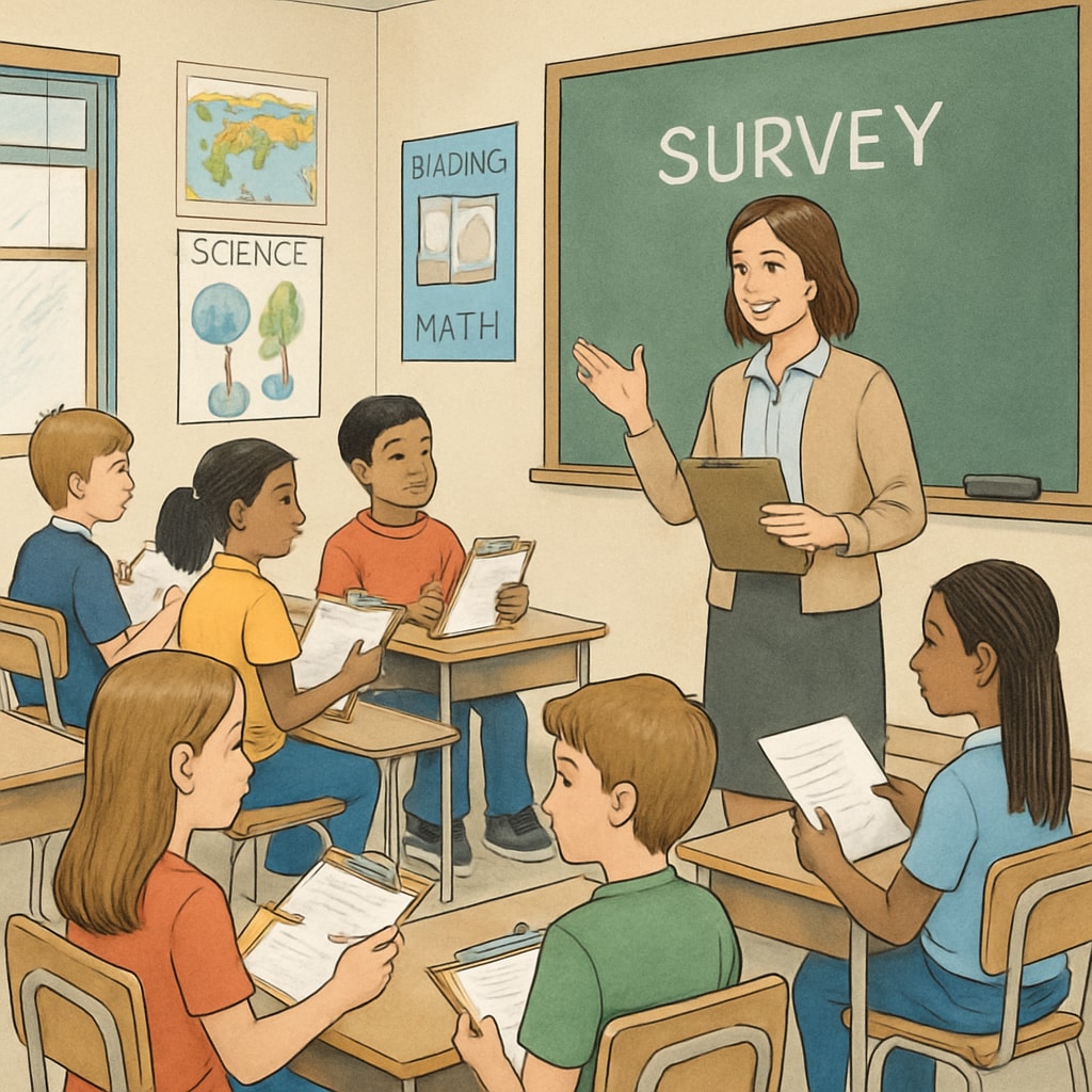 A teacher conducting a survey with K12 students in a classroom setting. Teacher conducting a research survey on learning methods with K12 students.