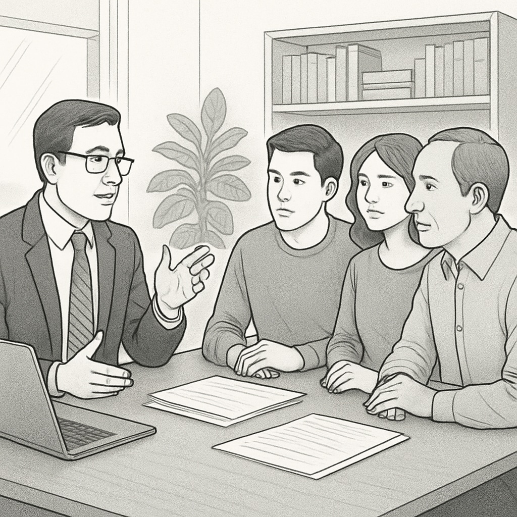 A professional consultant discussing graduate program applications with a student and their parents. Graduate application guidance from a professional consultant.