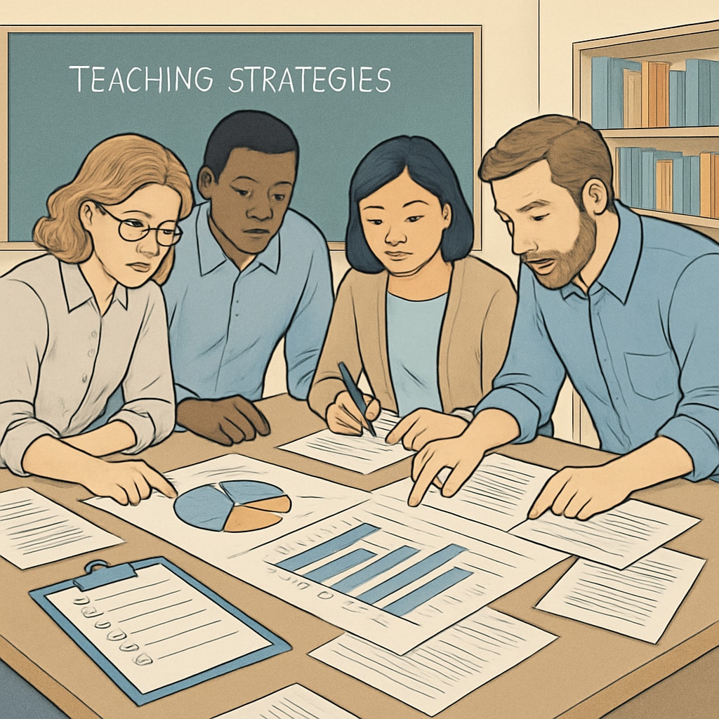 A group of educators analyzing survey data to develop new teaching strategies. Educators reviewing survey data to optimize teaching strategies for K12 students.