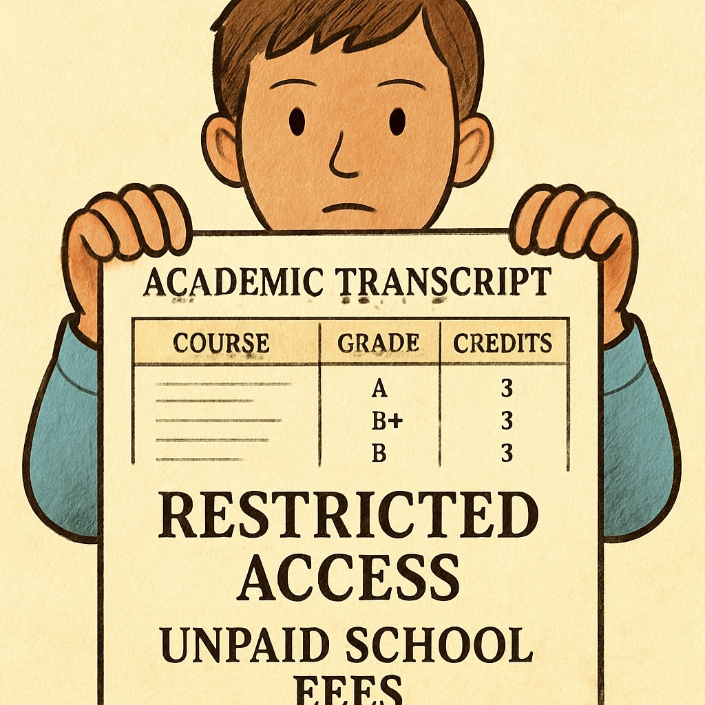 A student holding a partially blocked academic transcript, symbolizing restricted access due to unpaid school fees. Student with limited access to academic records due to unpaid fees.