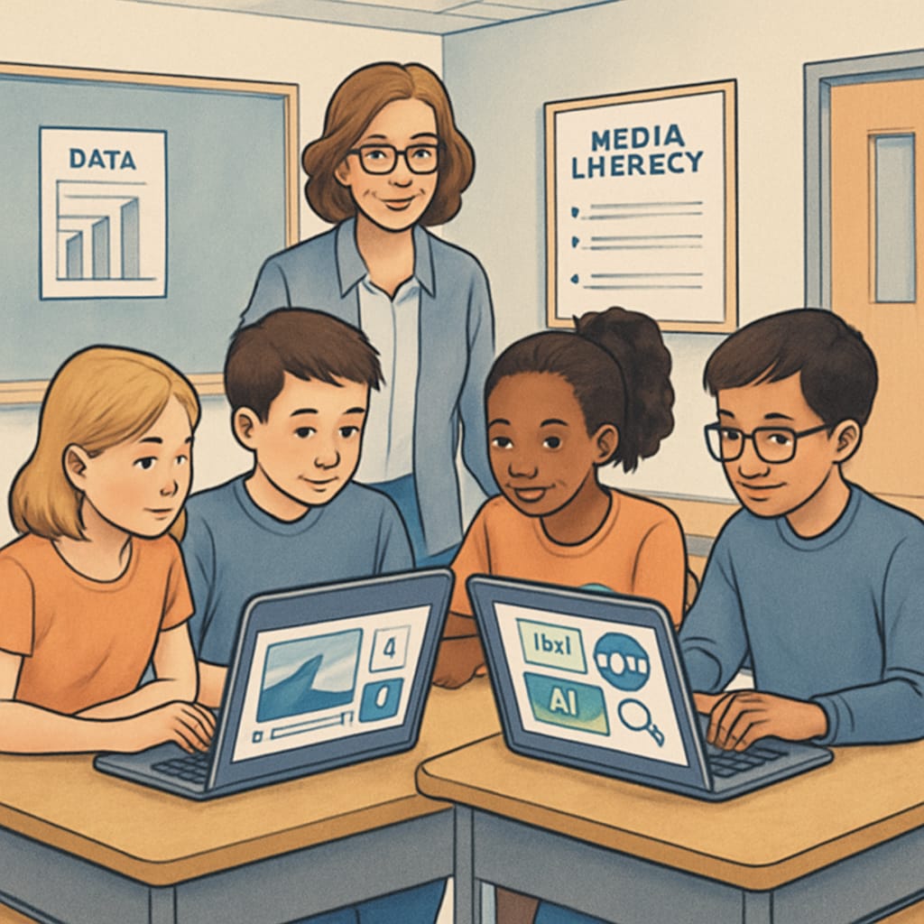 A classroom setting where students are collaboratively analyzing media content using laptops and AI tools. Students using AI tools for media literacy activities.