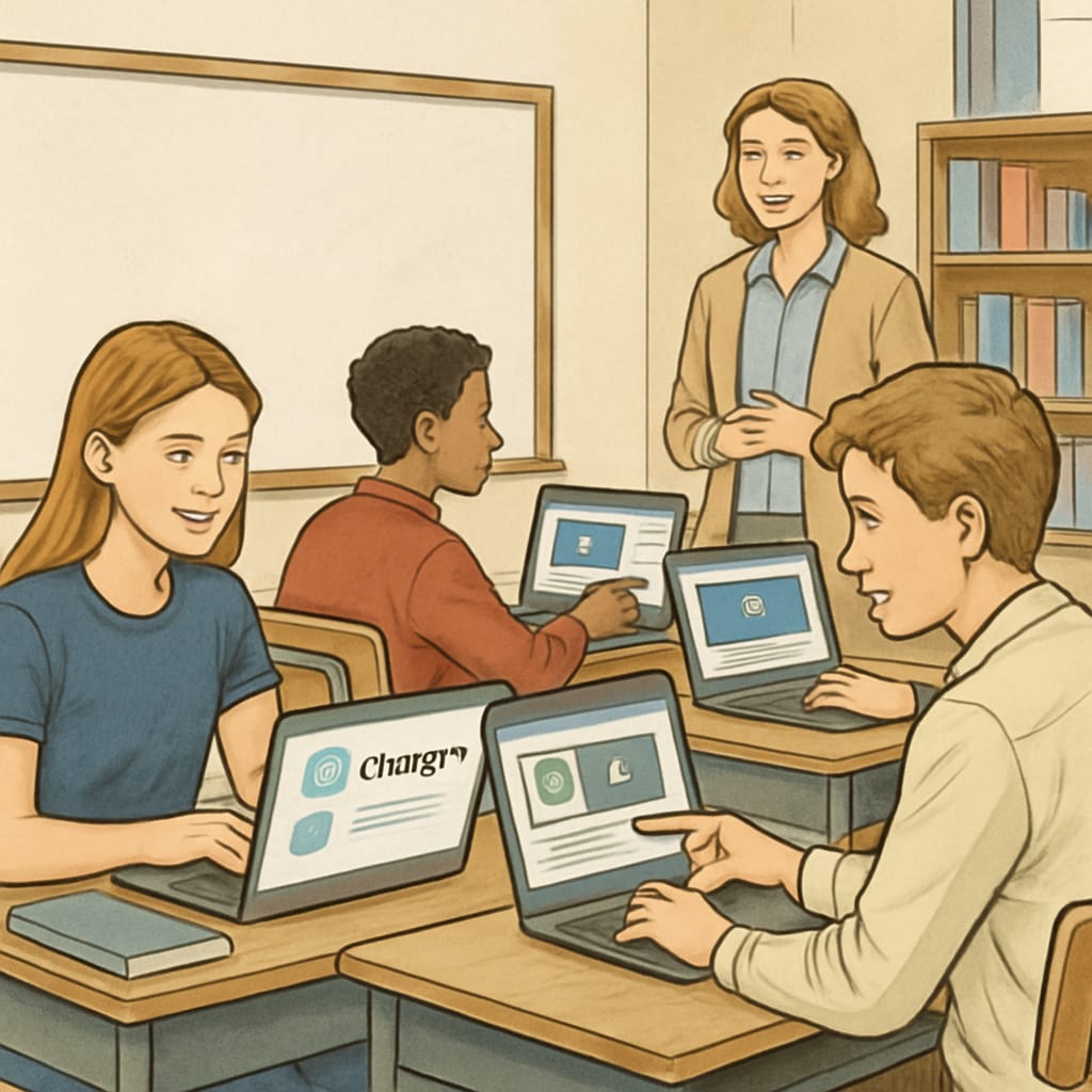 A classroom setting with high school students analyzing media content using AI-powered tools like ChatGPT. High school students using AI tools like ChatGPT for media literacy education.