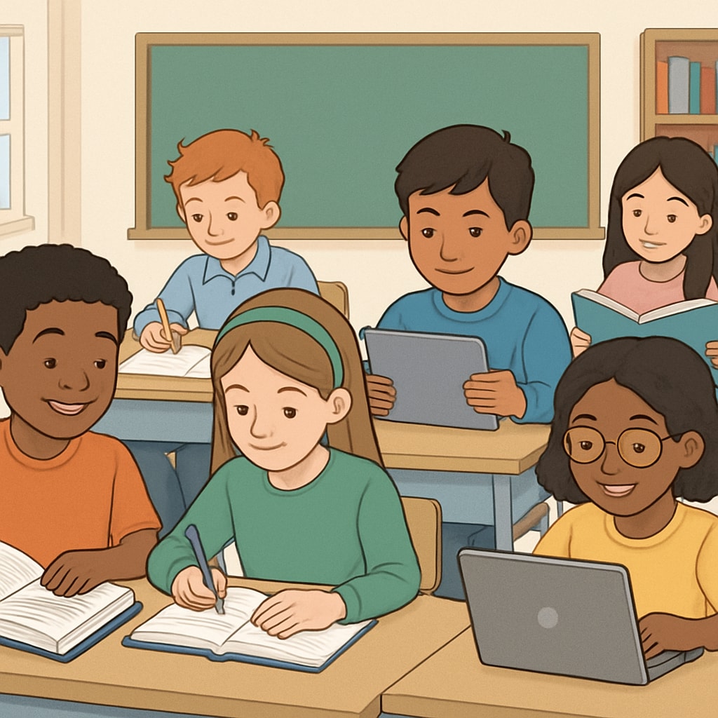 A diverse group of students engaged in different types of learning activities, such as reading, writing, and using digital tools. Students exploring various learning methods, including digital tools and collaboration.