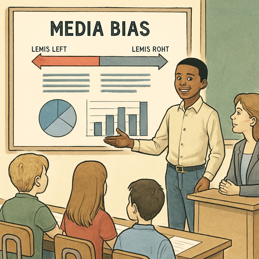 A student presenting their infographic on media bias in front of the class. Student showcasing an infographic about media bias.