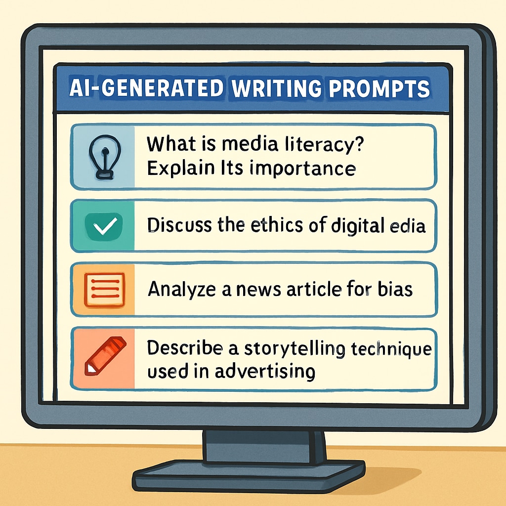 A close-up of a computer screen showcasing AI-generated writing prompts focused on media literacy topics such as ethics and storytelling techniques. AI-generated writing prompts for media literacy on a computer screen.