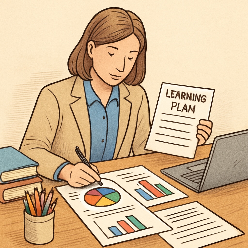 An educator reviewing data and charts to create a tailored learning plan for students, symbolizing evidence-based educational strategies. Educator analyzing data to design personalized learning strategies for students.
