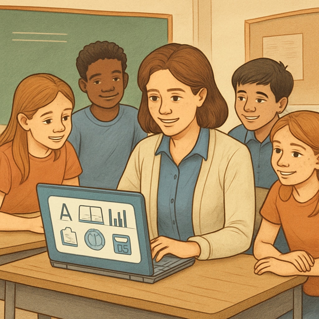 A teacher utilizing EdChanger Pro educational software in a classroom setting.