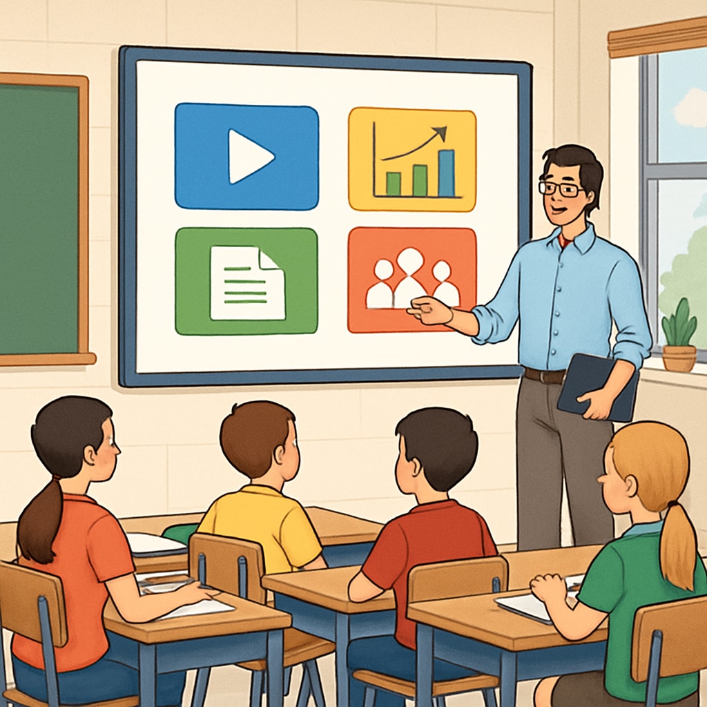 A teacher demonstrating EdChanger Pro features to students in a K12 classroom.