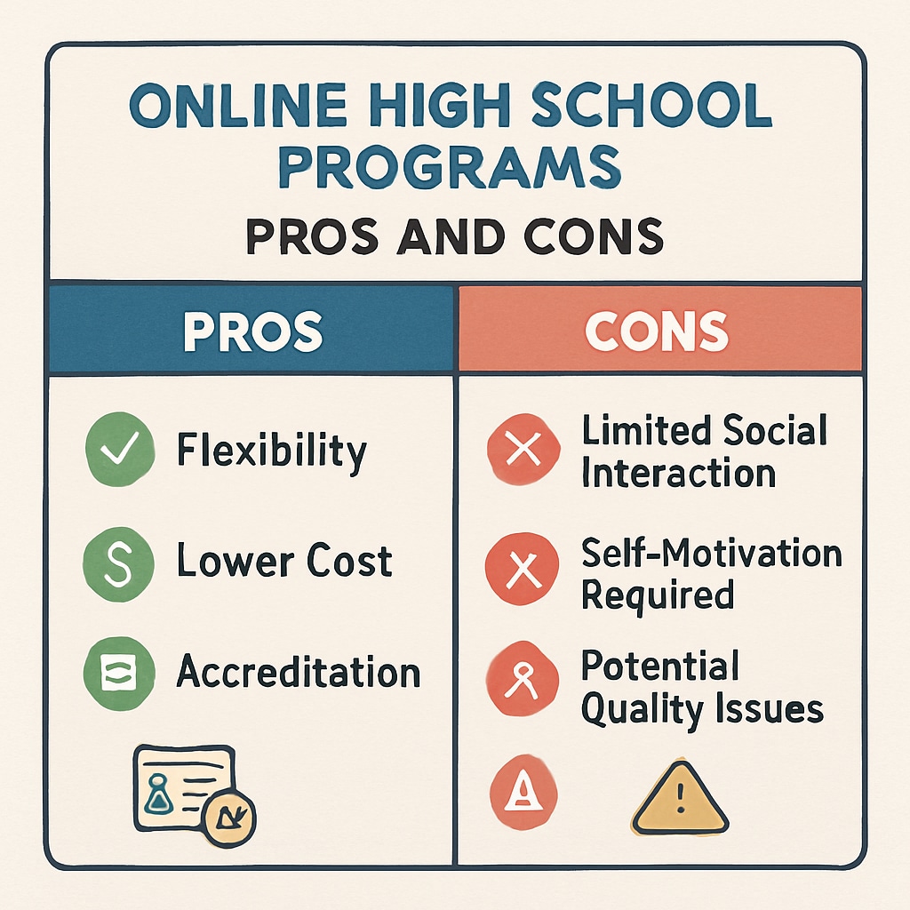 Chart comparing the benefits and drawbacks of online high school diploma programs.