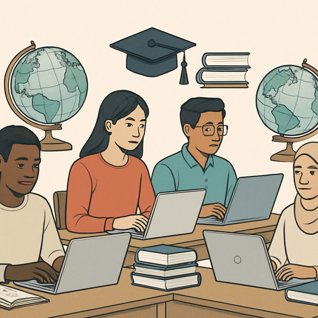 Diverse international students using online platforms for education