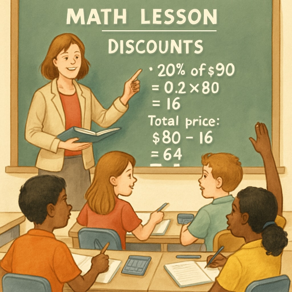 Teacher explaining real-world math applications during a classroom lesson focused on discounts and shopping.