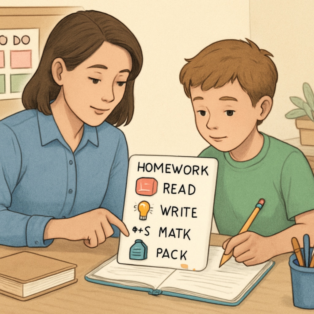 Parent helping child with ADHD organize homework using executive function strategies.