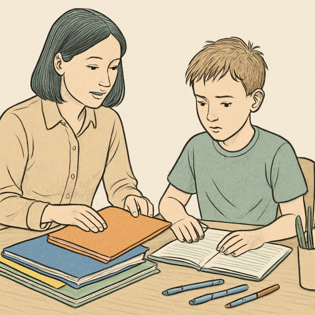 A parent assisting a child with ADHD in organizing schoolwork to improve executive function.