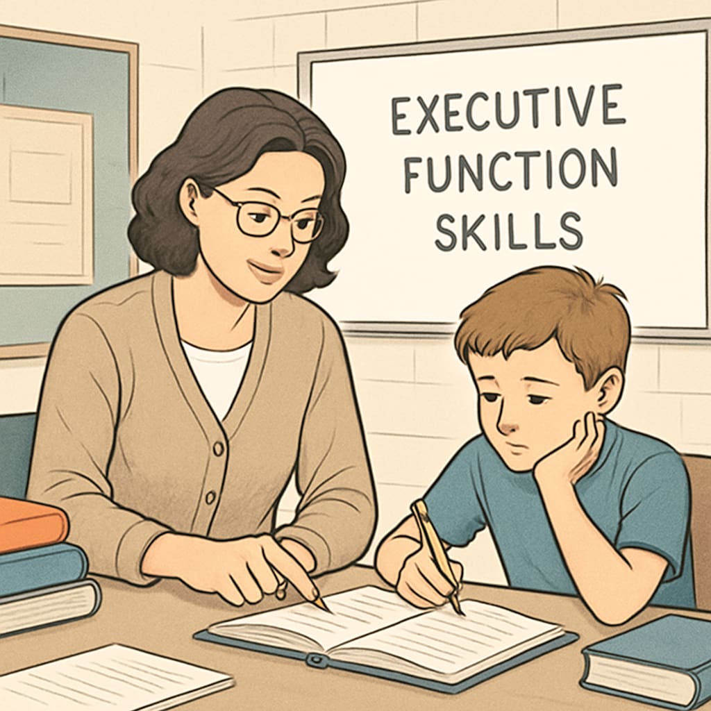 A teacher guiding a student with ADHD to enhance executive function abilities.