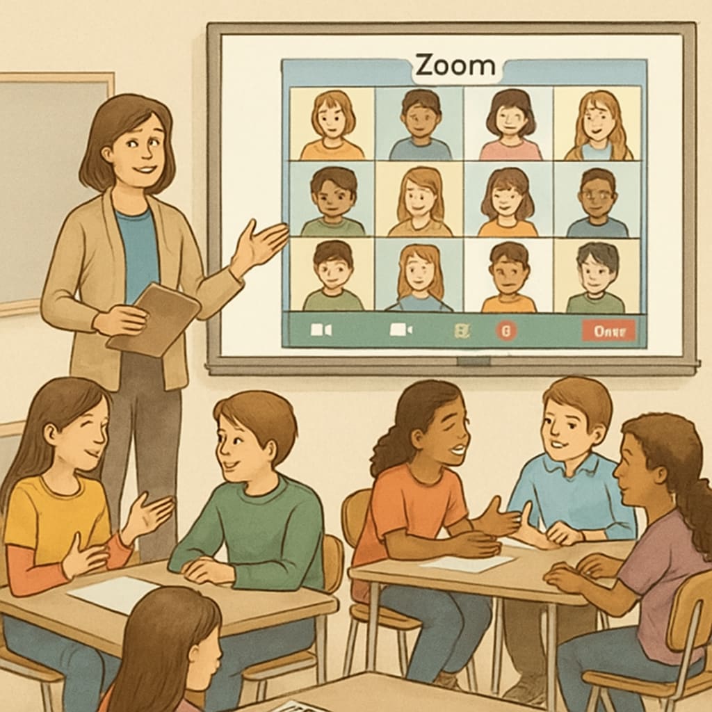 Teacher facilitating a Zoom/REZoom activity with engaged students