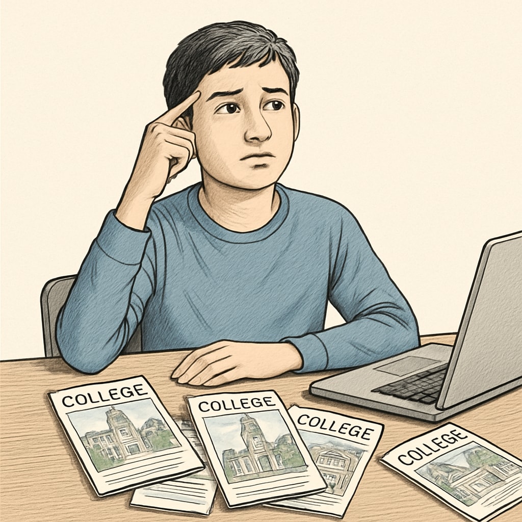 A high school student considering college major choices, with brochures and laptop.