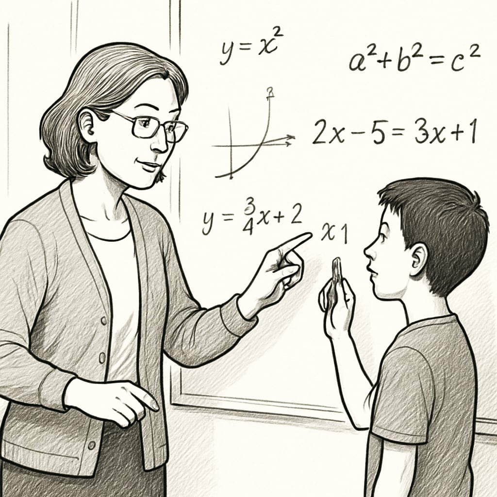 A teacher helping a student with a challenging math problem, showcasing teacher mentorship.