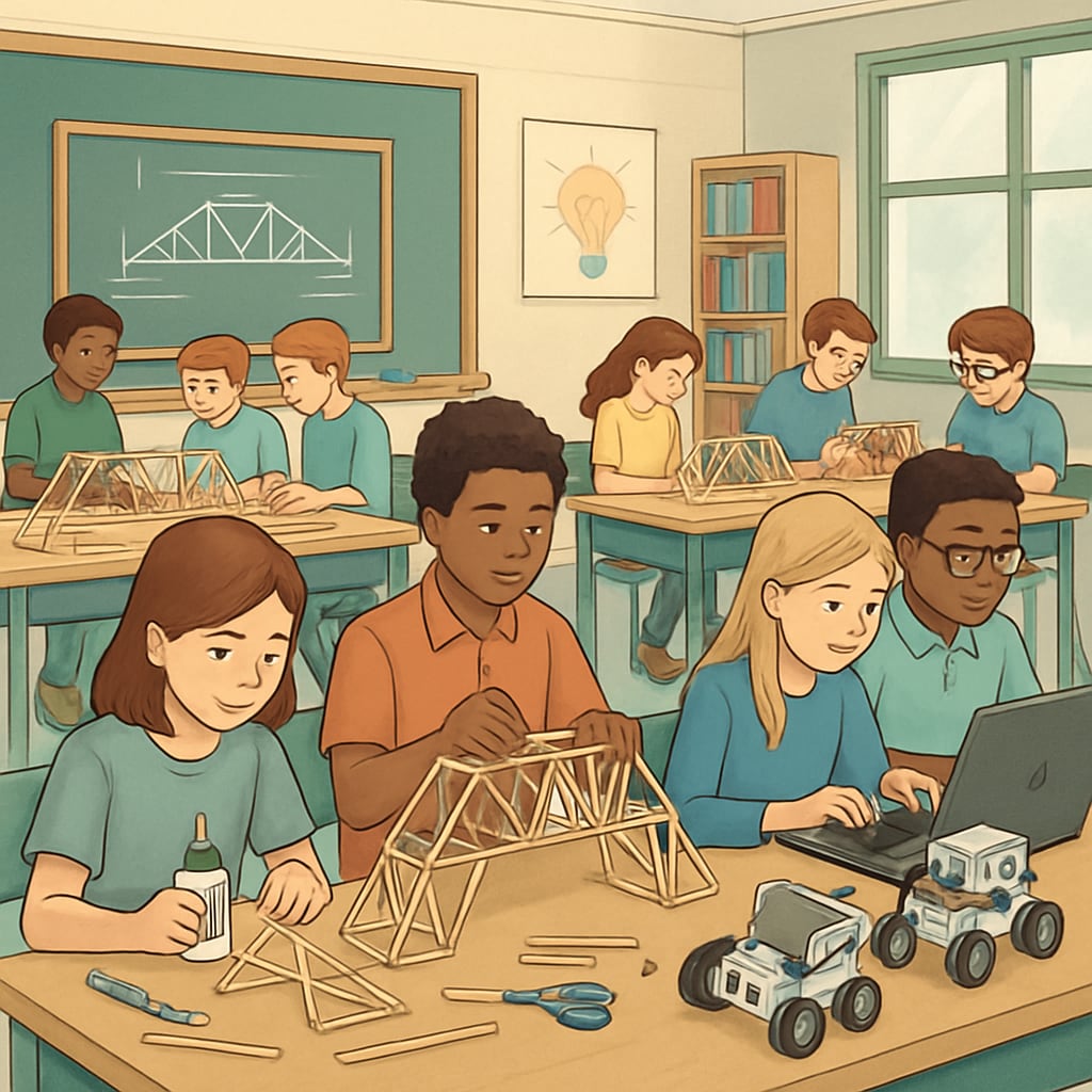 Students engaged in hands-on engineering projects, representing early preparation for design engineering careers.