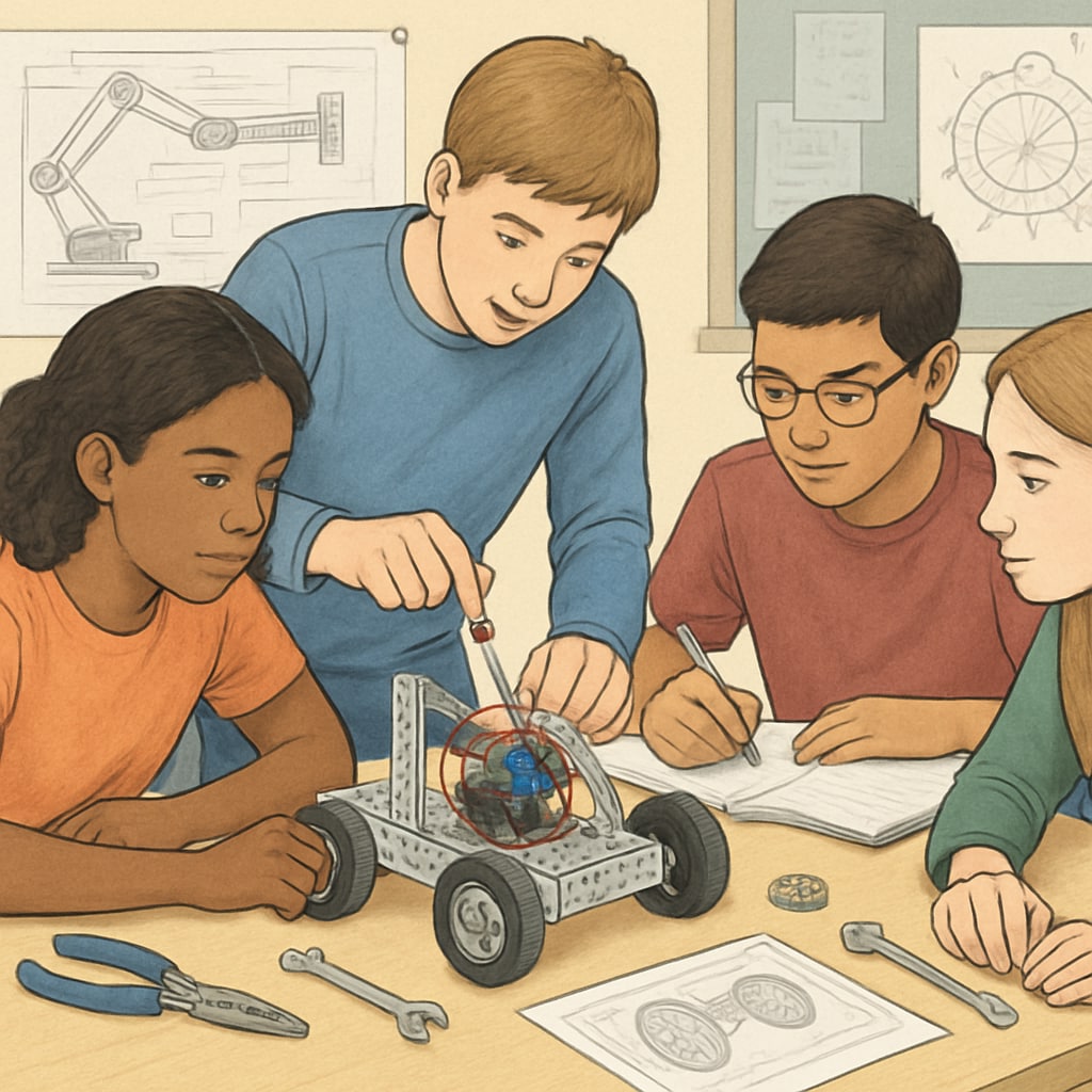 A group of students working on a robotics project, showcasing design engineering principles.