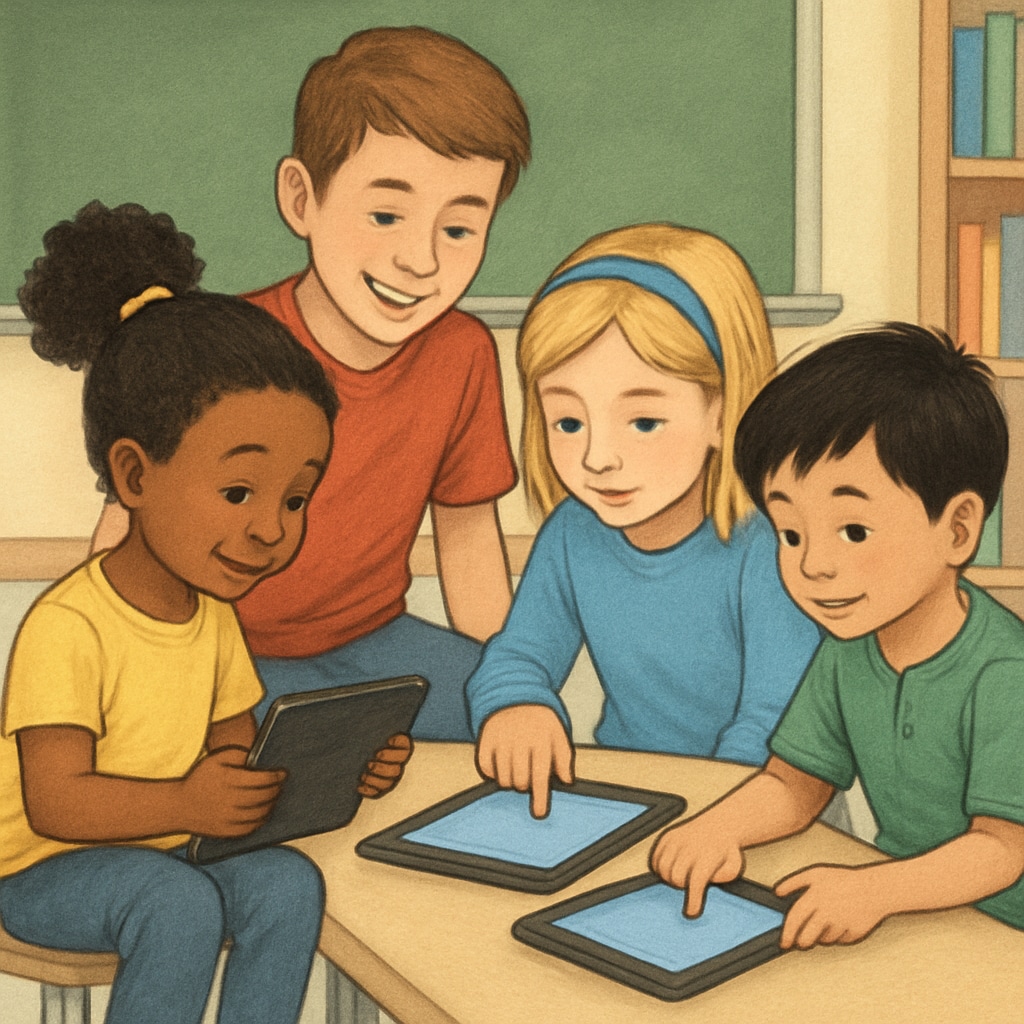 Kindergarten and fourth-grade students collaborating on digital learning activities.