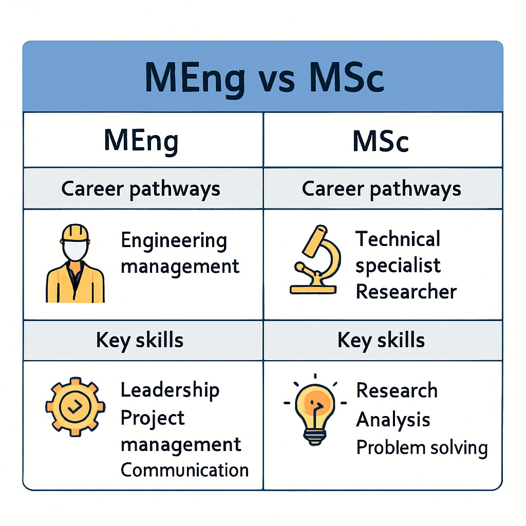 Visual chart comparing MEng and MSc degrees, emphasizing their roles in design engineering career paths.