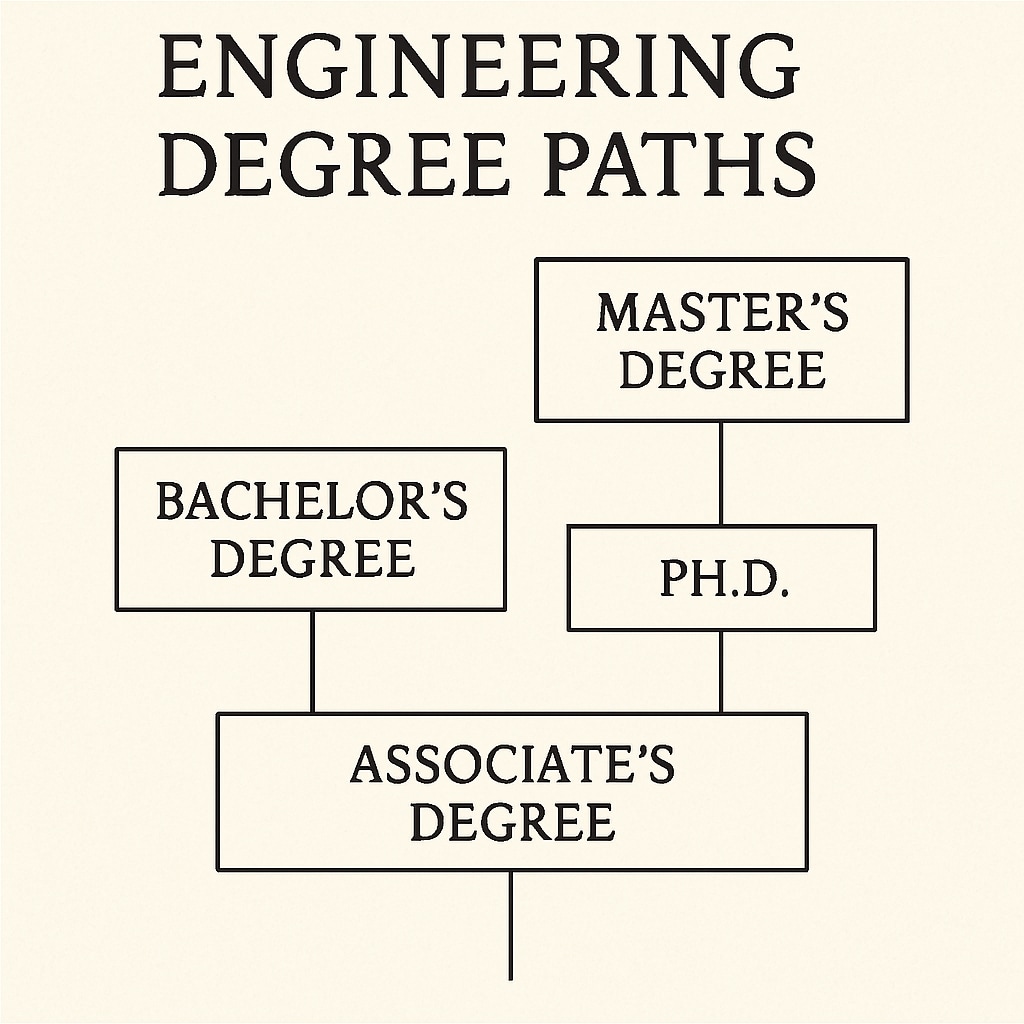 A diagram illustrating different degree paths in design engineering, from associate to PhD levels.