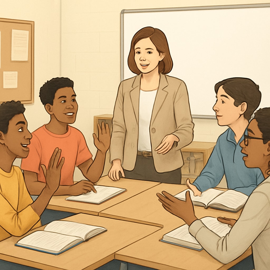 Students and a teacher working together, highlighting 