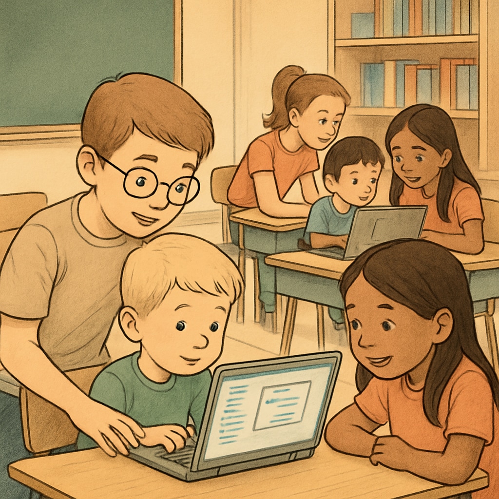 Fourth-grade mentors helping kindergarten students with coding activities.