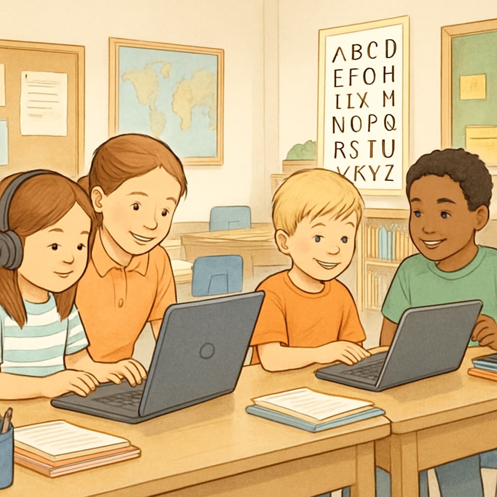 Kindergarten partner project featuring computer collaboration between students.