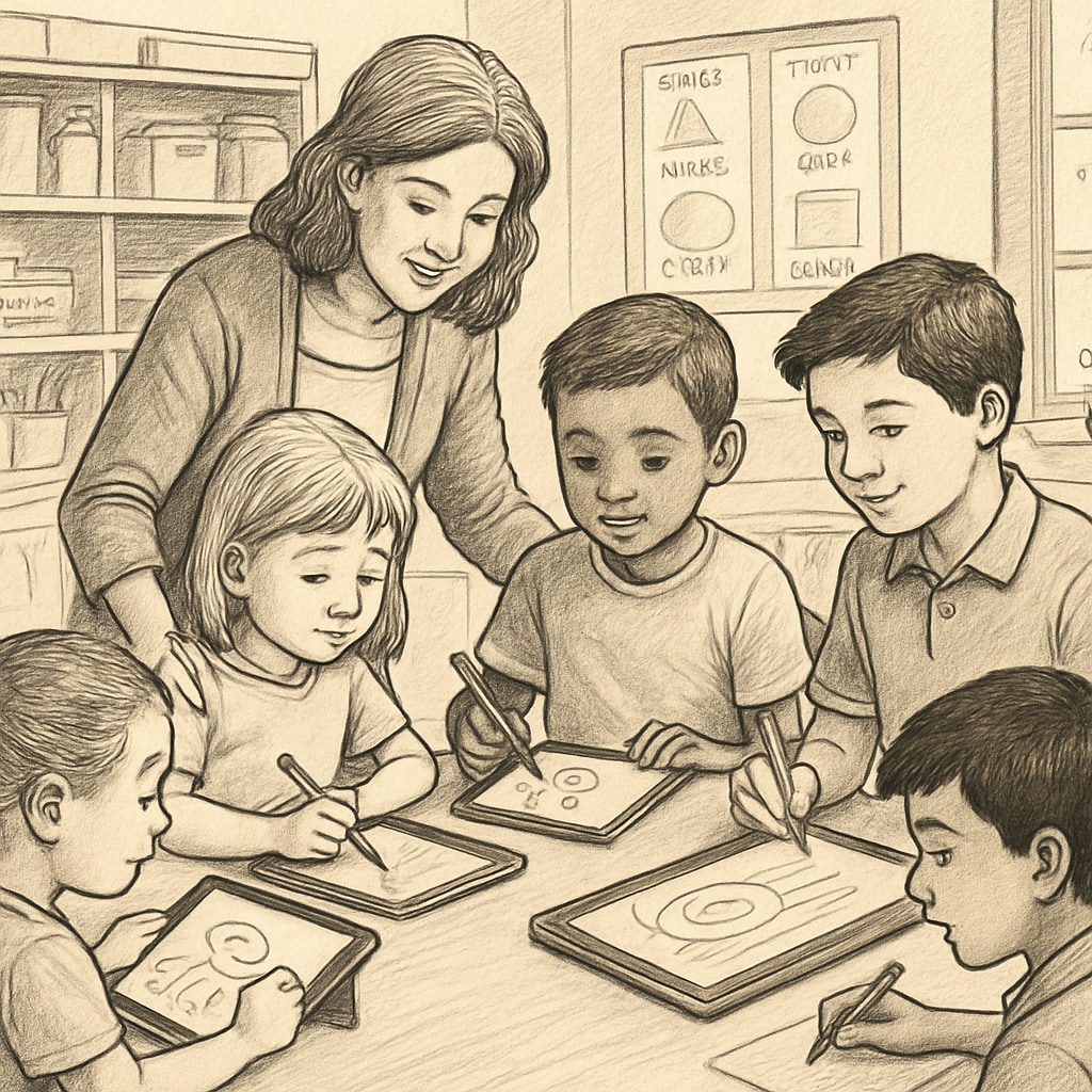 Teacher-guided digital art activity for kindergarten and fourth-grade students.